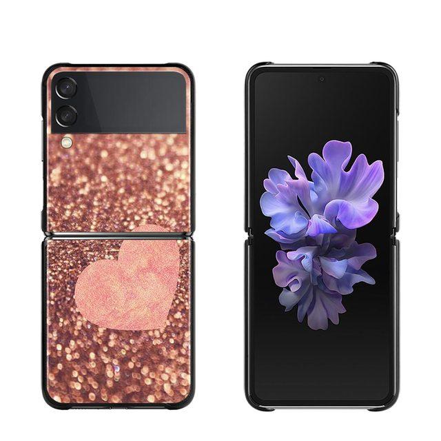 Phone Case For Samsung Galaxy Z Flip3 5g Back Cases For Samsung Z Flip Capa Black Shell Fundas Rose Pink Purple Bling Pattern