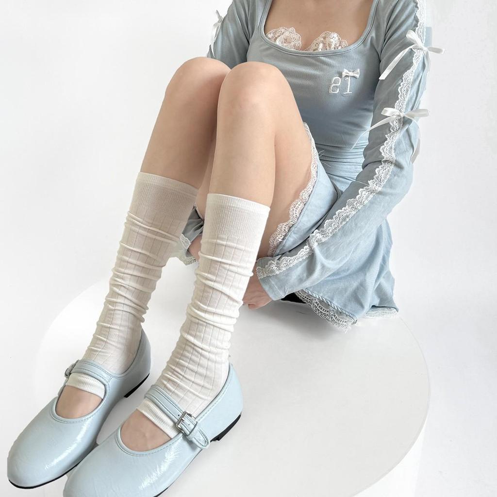 Women's Ballet-Style White Calf Socks: Sheer, Slouchy, Vertical Stripe, Versatile Summer Wear
