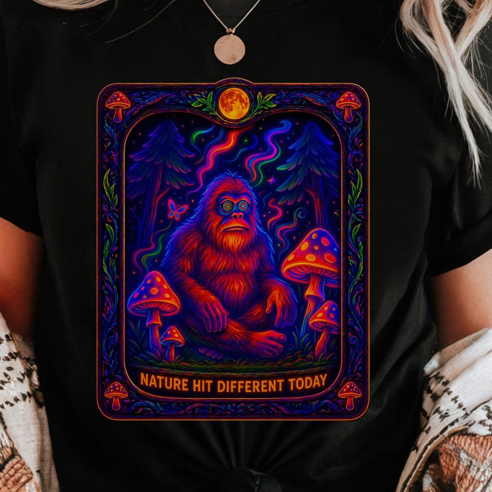 Bigfoot Mushroom Tee | Psychedelic Forest Graphic T-Shirt | Trippy Sasquatch Nature Shirt XL