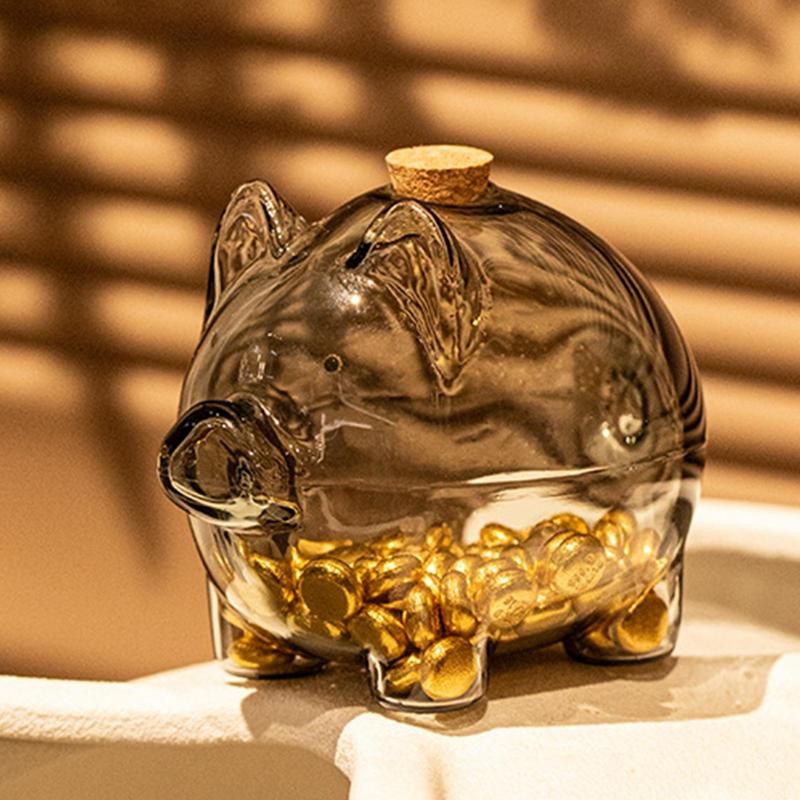 Glass Coin Bank Small Gold Bean Bank Swine Shape Decorative Saving Jar for Dressing Table Bookshelf Commemorative Coin Container
