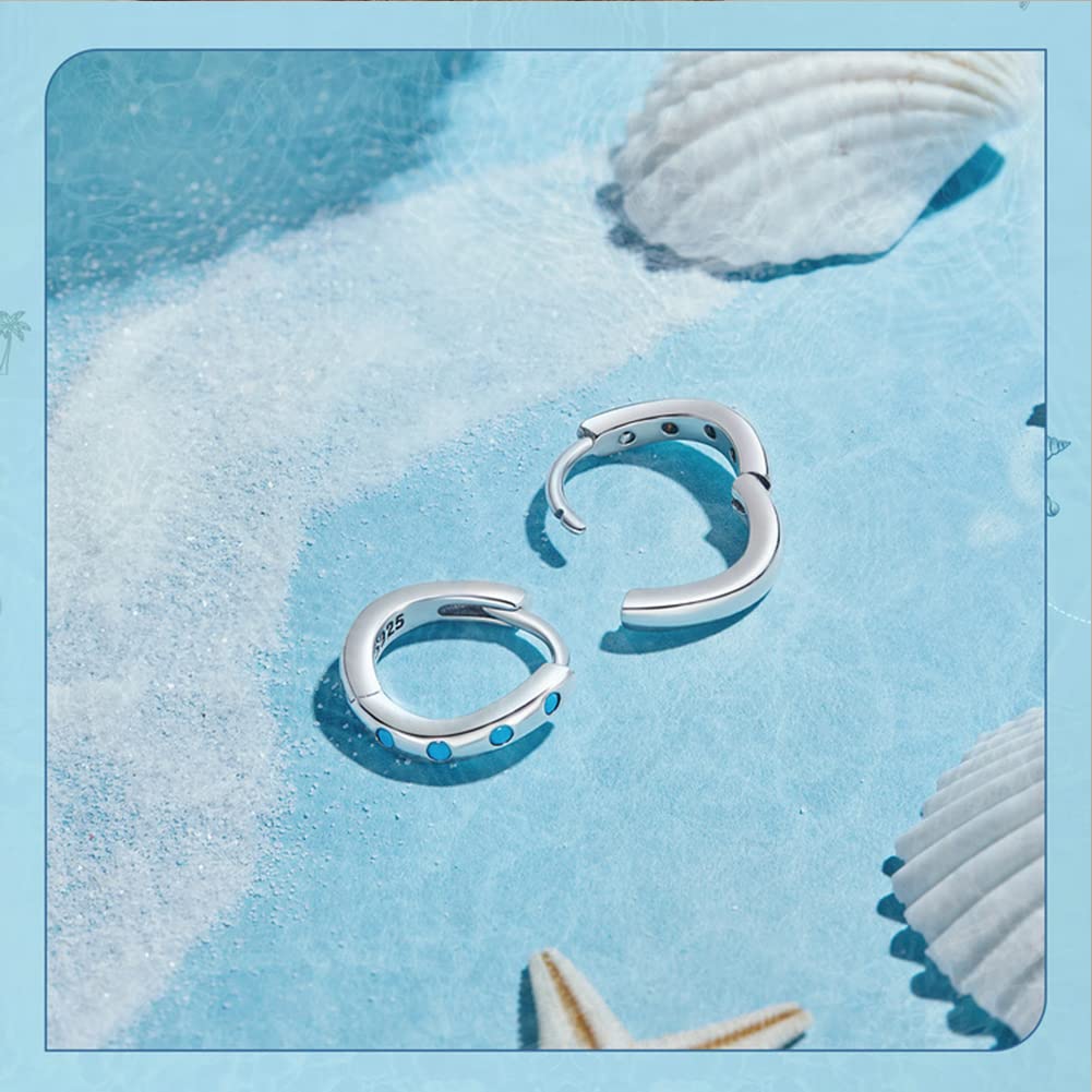 Rockyu Earrings for Silver Tsunami Hoop Turquoise Ring Pure For Both Gift Accessories Women, Simple, Small, 925, Twisted, Shape, Earrings, Blue,