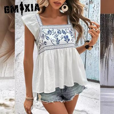Blusa feminina de verão com bordado e cadarço, gola quadrada, manga voadora e babados