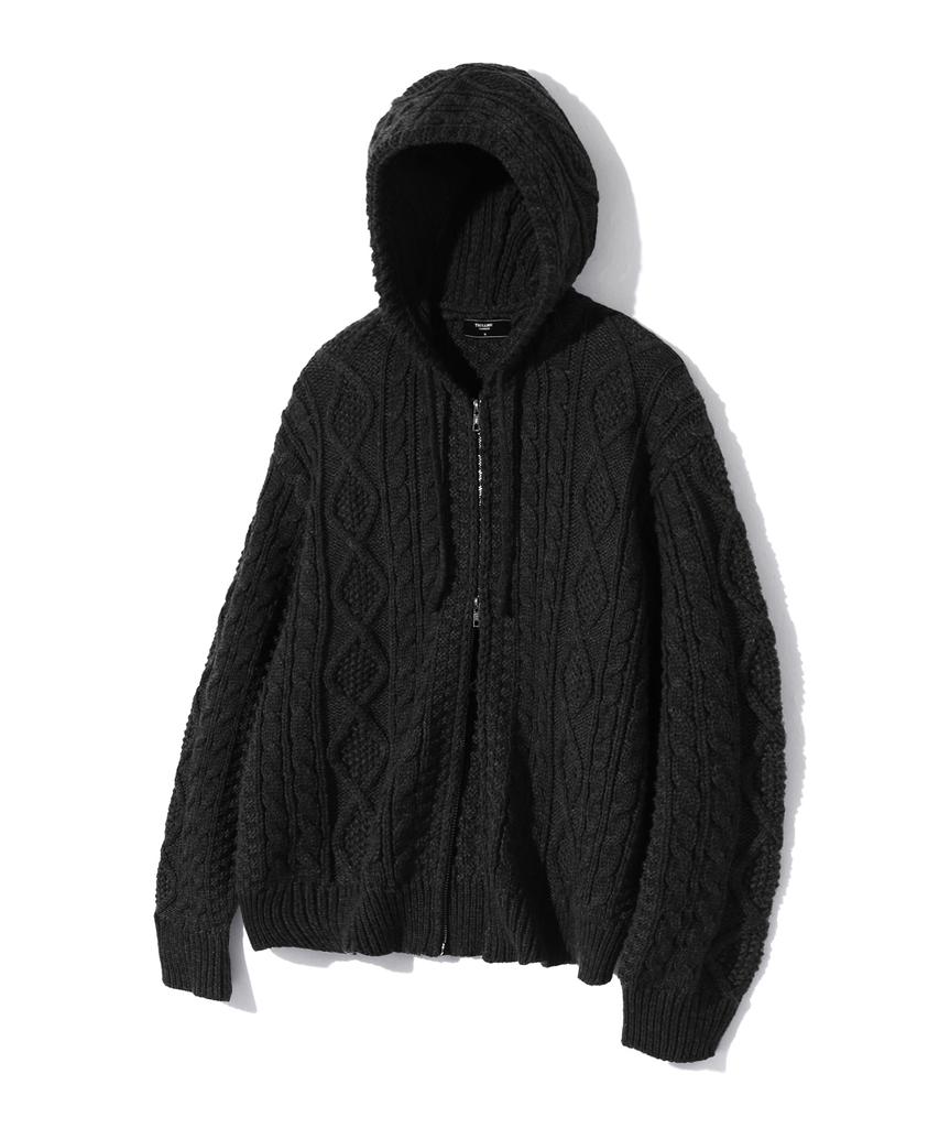 TRILLION Washable Aran Cable Hooded Zip-Up Knit (Pure Black)
