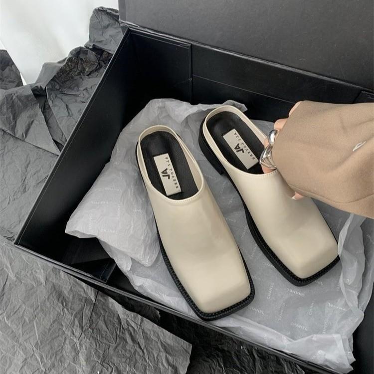 Fashion Women's closed toe shoes low heel square heel beige sandals mules platform loafers blocky black