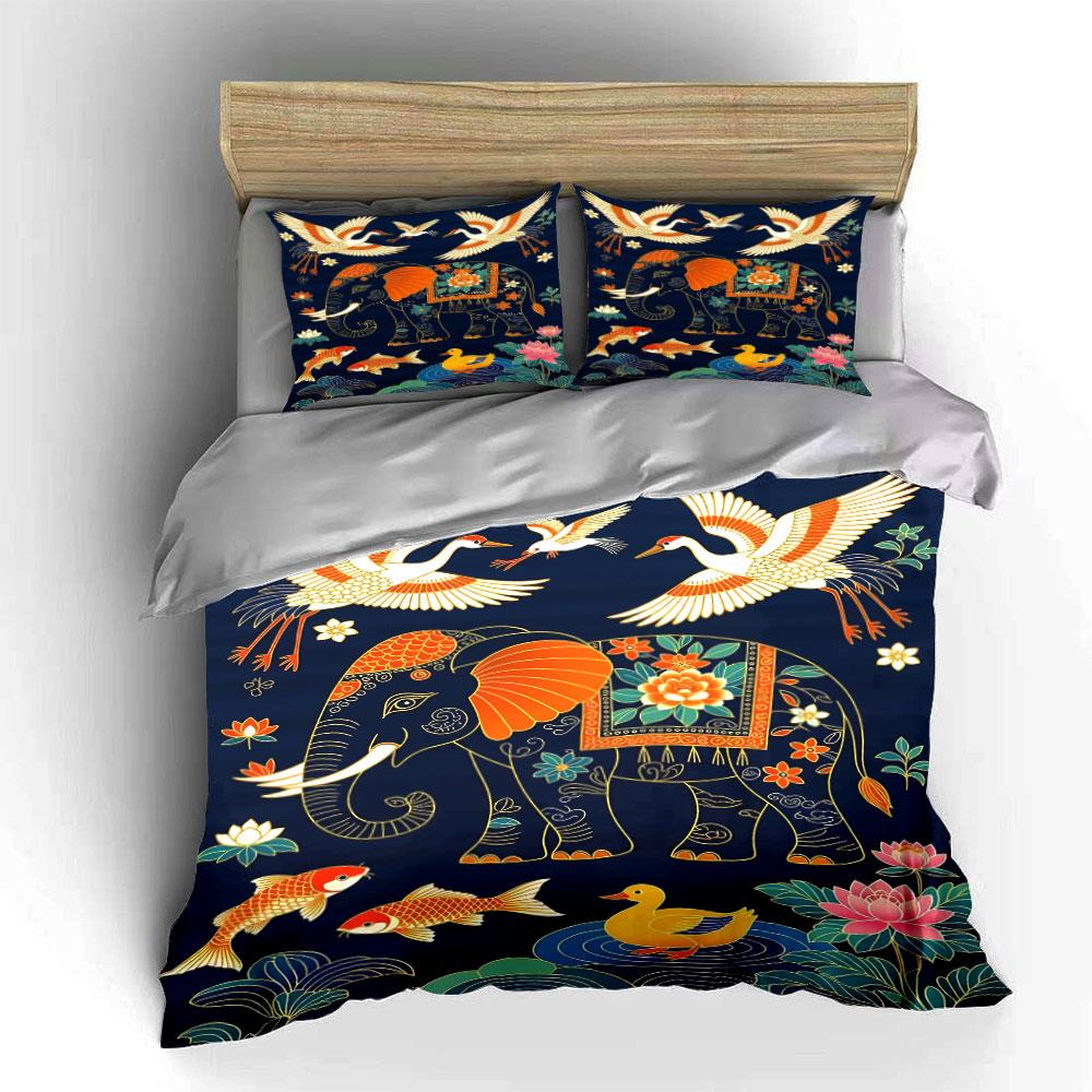 Elephants, cranes, koi fish. Bedding sets Duvet cover sets Duvet covers Pillowcases(1* Duvet Cover 2* Pillowcases without duvet insert)