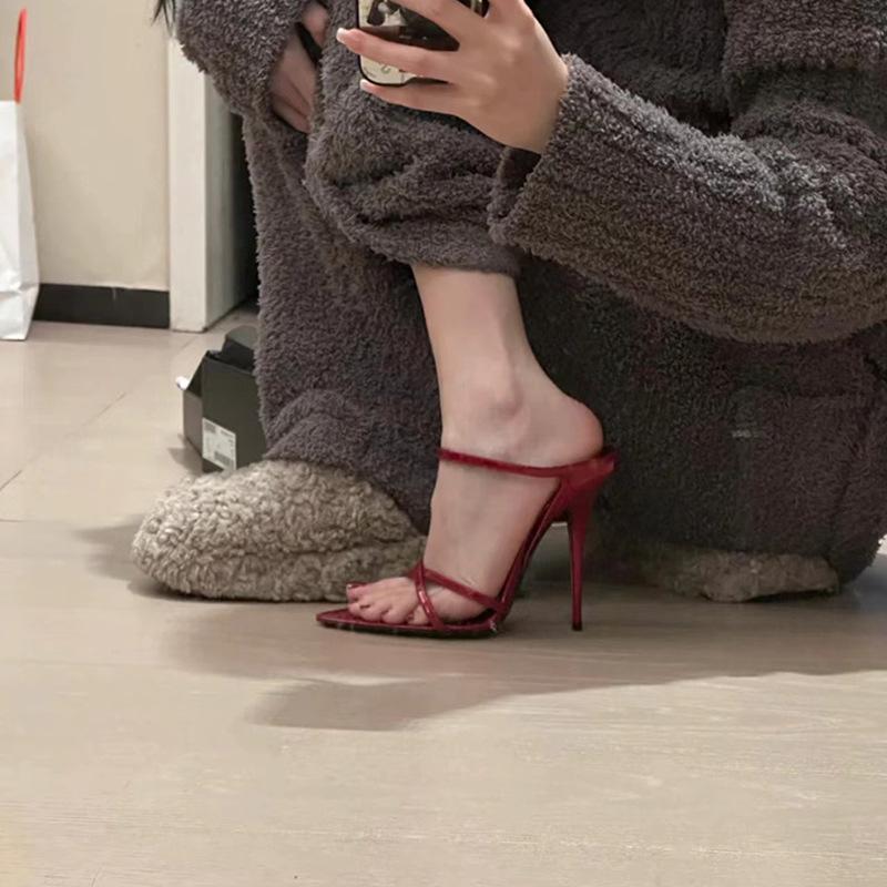 Spring 2023 Niche Red Patent One-Strap Pointed-Toe Open Stiletto Mules for Women