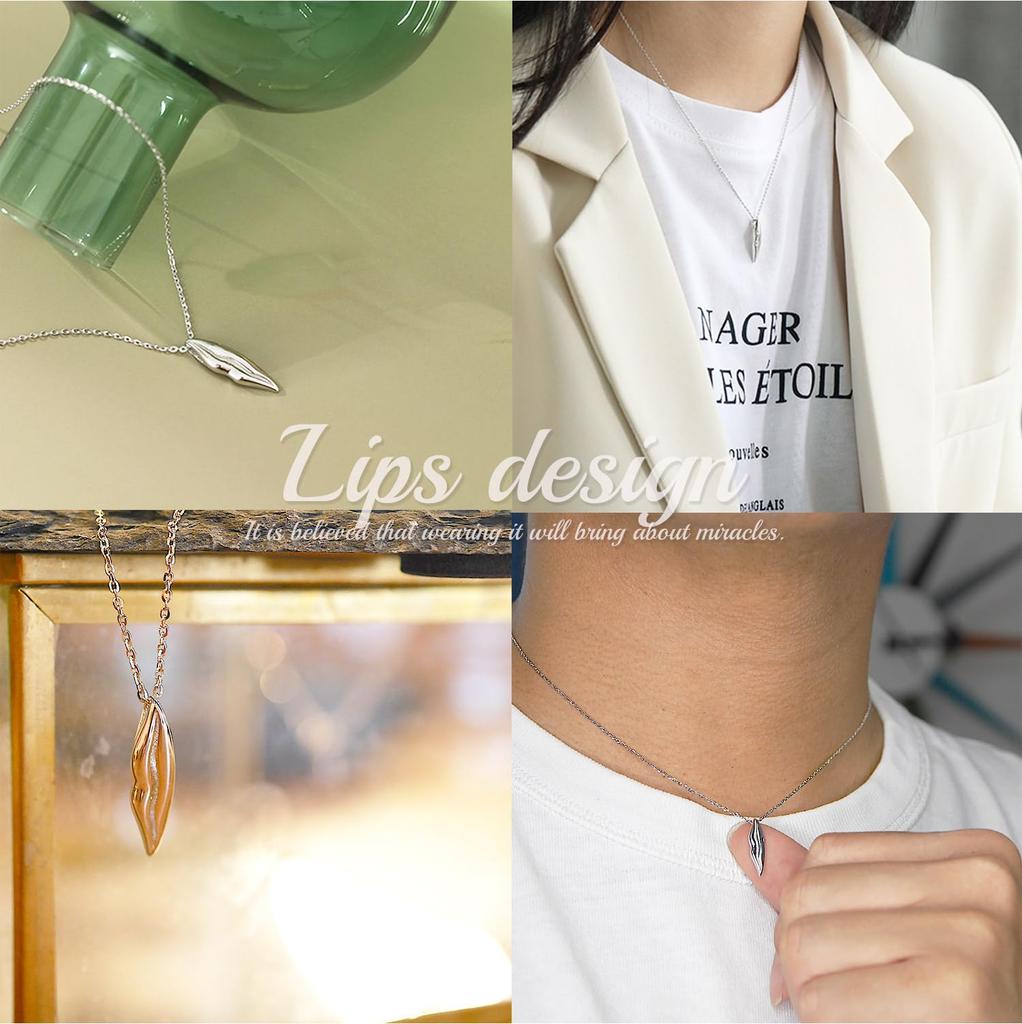 Genuine Sterling Silver (925) Lip Motif Charm Necklace Pendant for Men and Women. Simple, Thin, Small Chain Set with Pouch. Casual, Cute, Popular