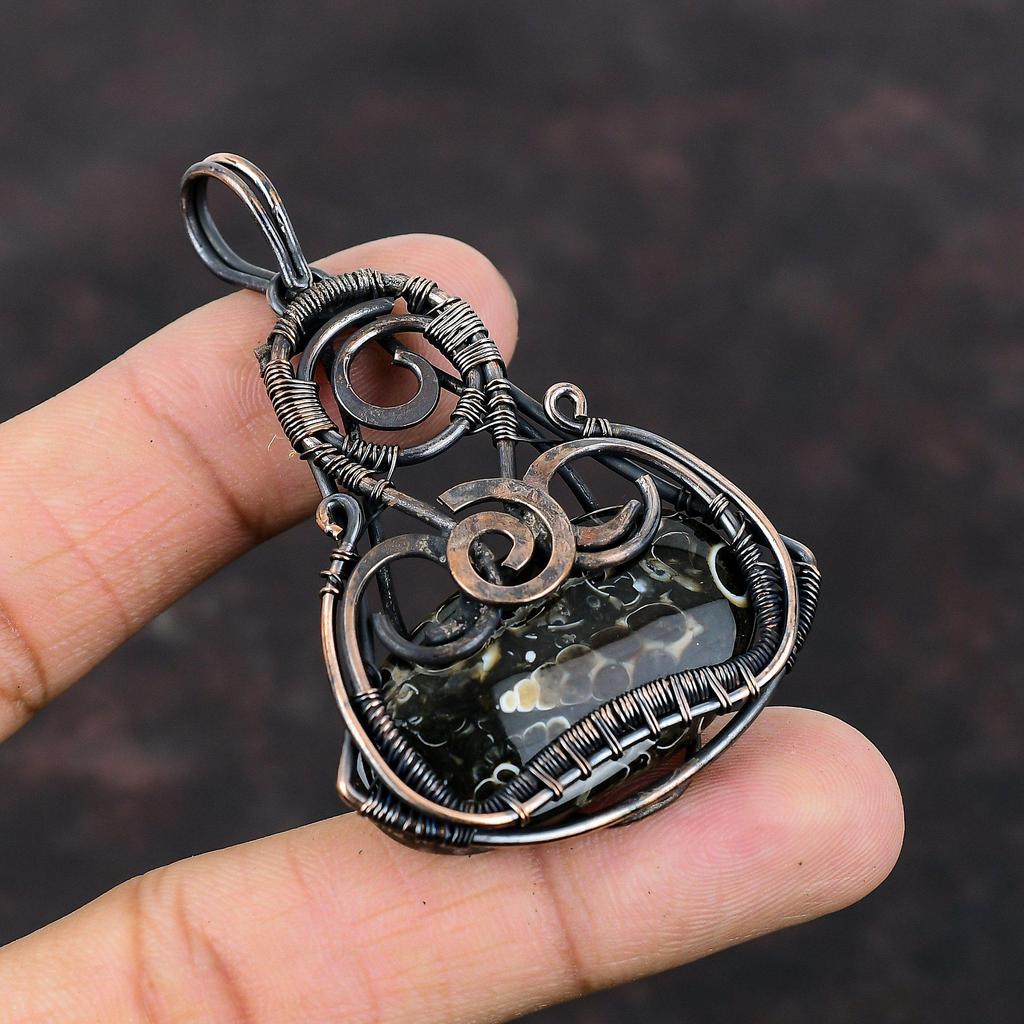 Turritella Agate Pendant Copper Wire Wrapped Gemstone Pendant Stylish Pendant Designer Copper Jewelry Gift For Women Handmade Wire Jewelry