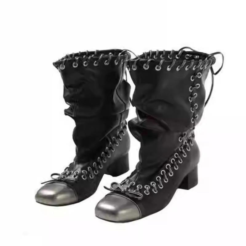 

Fashion Vintage Pleated Mid-Calf Boots Cross-tied Square Toe Mid Heels Luxury Leather Fashion Novelty Sexy Concise Autumn Women Shoes 35 чёрный