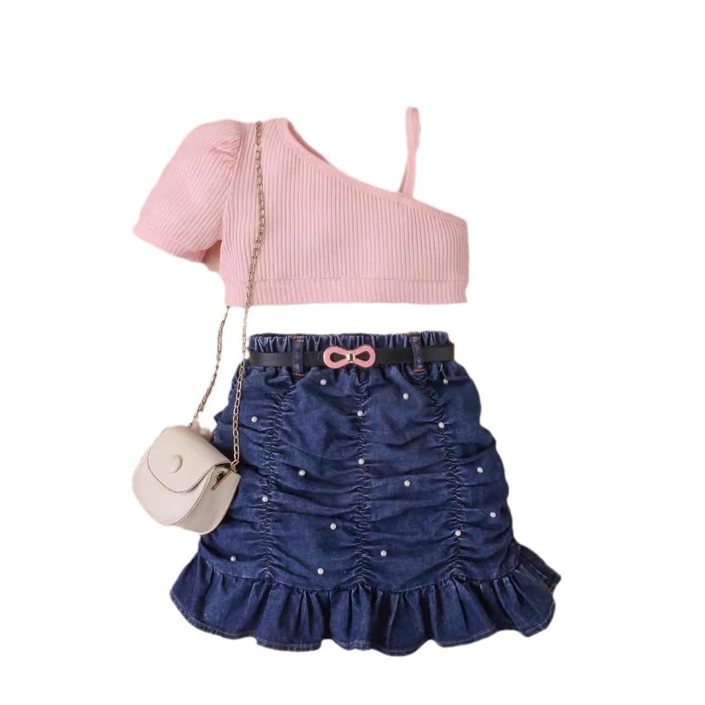 Girls' Fashion Set, Summer Children's Solid Color Sleeveless Top, Denim Pleated Skirt Set, Belt
