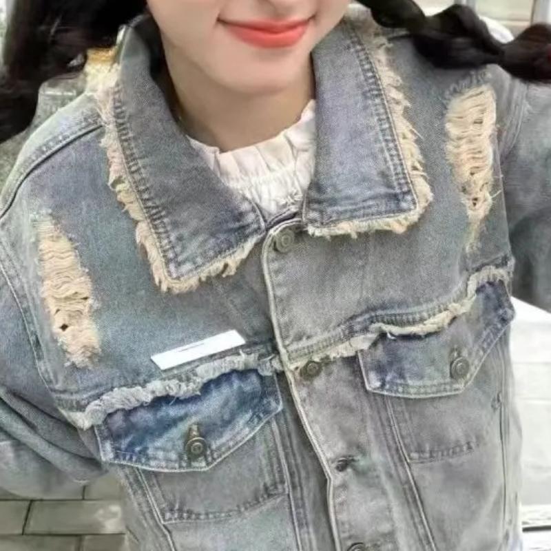 IHUASU Women's Vintage Casual Denim Autumn & Winter Long Sleeve POLO Collar Jacket & Coat