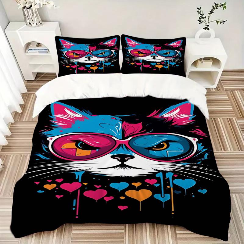 3pcs Colorful Cat with Sunglasses Bedding Set - Includes Quilt Cover and Pillowcases, Suitable for All Seasons,