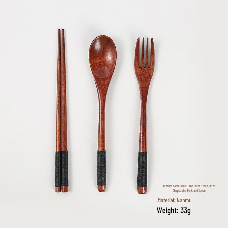 Japanese Wooden Cutlery Set: Spoon, Fork & Chopsticks with Old Lacquer Nanmu and String Tie