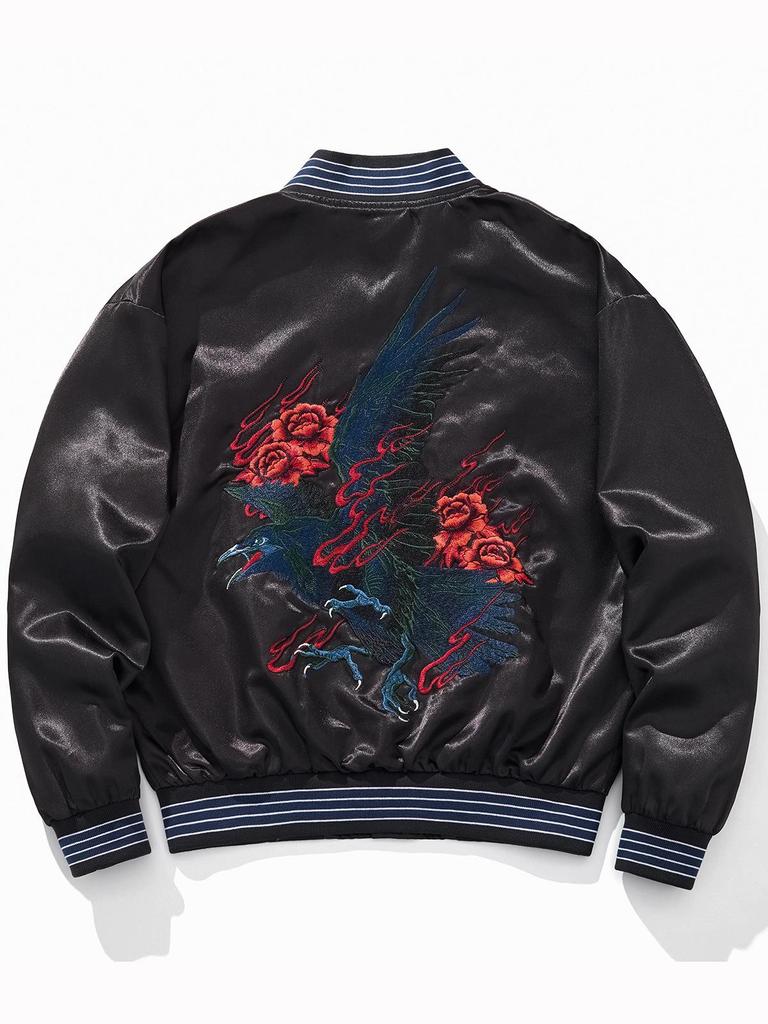Huaxia Junpin Blaue Krähe mit gestickter Rose Baseballjacke für Herren