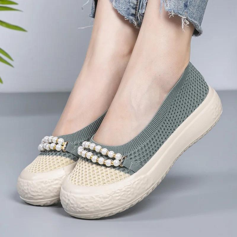 Fashion Women Mesh Shoes New Fashion Pearl Female Fisherman Shoes Breathable Thick Sole Women Footwear Shallow Casual Flats Mom Shoes