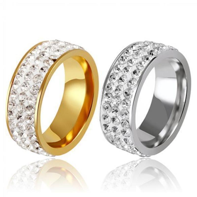 Anello da dito in acciaio al titanio da donna e da uomo, 3 file, con strass lucido, regalo per matrimonio