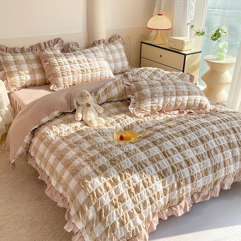 Washed Cotton Plaid Seersucker Bed Four-piece Set, Bed Sheet, Bed Skirt, Quilt Cover, Dormitory Bedding Three-piece Set