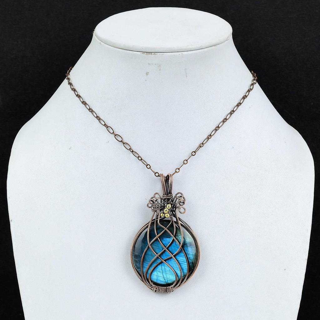 Labradorite Pendant, Handmade Gemstone 999 Copper Wire Wrapped Pendant Antique Jewelry, For Gift Silver Jewelry