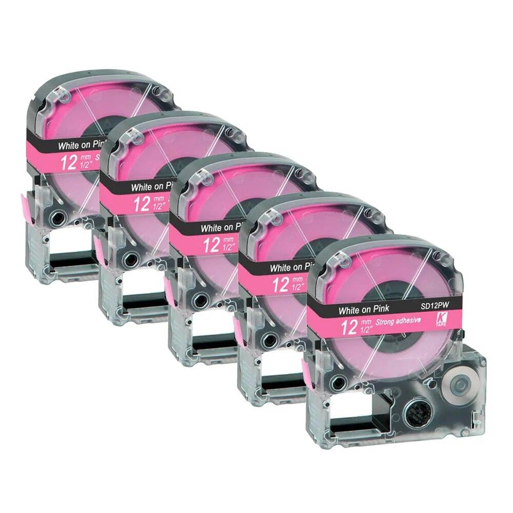 5 pachete 12 mm negru pe alb etichetă compatibilă Epson LC-4WBN / SS12KW SC12RW SC12YW ST12KW pentru imprimanta Epson LW300 LW400 500 600