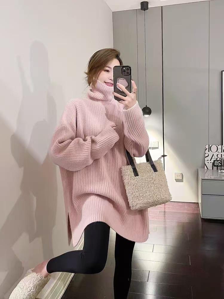 New solid color simple turtleneck hem slit thick pullover sweater for women, warm layered knit sweater