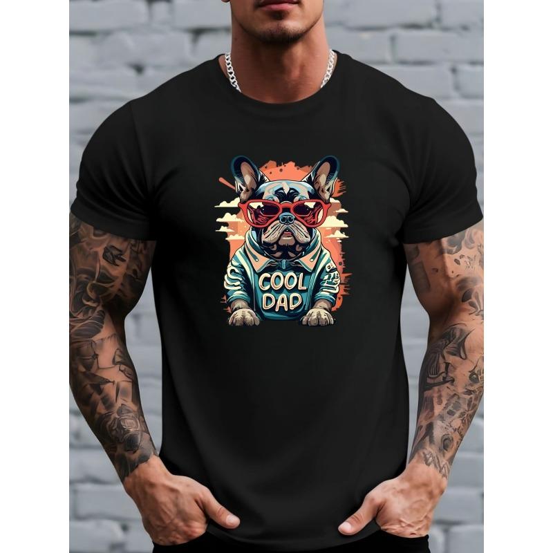 European sizes Men's French Bulldog Print T-Shirt with Cool Dad & Frenchie Graphic - Breathable Short Sleeve Crew Neck Top, Casual Streetwear