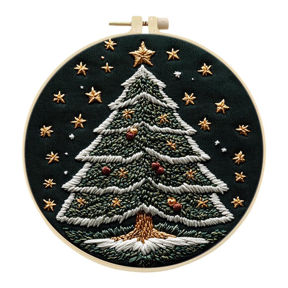 Christmas Tree Stamped Cross Stitch Embroidery Kits with Hoop Cloth Color Thread