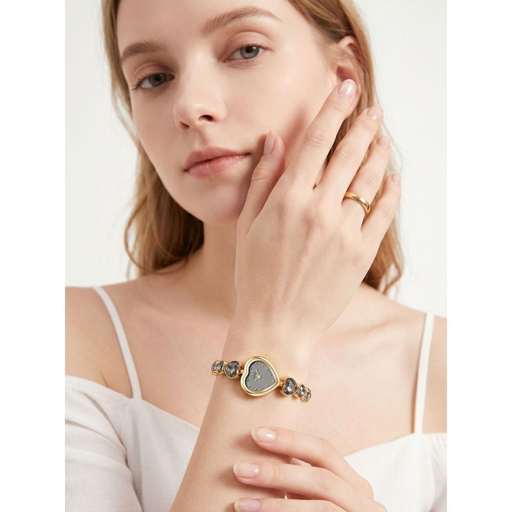 GEDI Women Quartz Wrist Watch Heart Shaped Dial Rhinestone Decor Metal Link Bracelet Waterproof Dress Watch