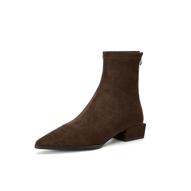 Women's Boots 2025 Winter Fashion Pointed-toe Design Short Boots with Zippers On The Back, Slim Low-heeled Nude Boots