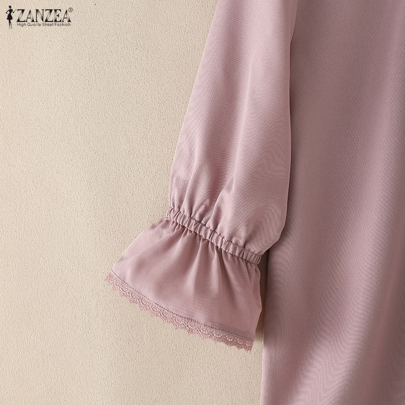 ZANZEA Womens Round Neck Casual 3/4 Sleeve Lace Patchwork Blouse
