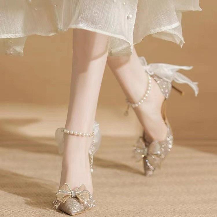 High Heels New Pointed Sequins Bow Hollow Shoes Wedding Shoes Bridal Shoes Pointed Single Shoes