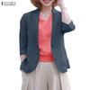 ZANZEA Women Casual Suit Collar Solid Color Long Sleeve Thin Cardigan Tops