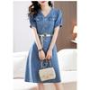 Summer Slim Fit Denim Dress Casual Short Sleeve Waist Tie Womens Fashion Lightweight and Comfortable Stylish Outfit