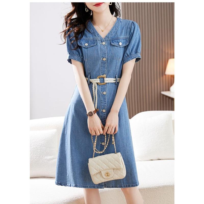 Summer Slim Fit Denim Dress Casual Short Sleeve Waist Tie Womens Fashion Lightweight and Comfortable Stylish Outfit