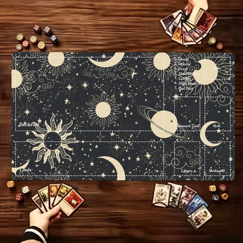 Vintage Celestial Cosmic Extended Game Playmat NonSlip Table Surface Sun Moon Star Layout Card Game Pad For Tabletop Game Play