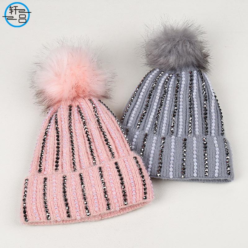 Fashion New Handmade Electric Drill Niche Temperament Knitted Hat Hairball Decoration Literary and Sweet Wool Hat