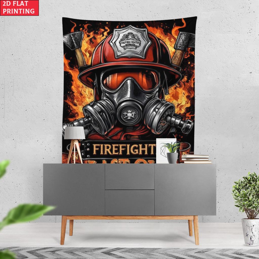 Firefighter Last Out Tapestry Fireman Helmet Gas Mask Wall Art Rescue Hero Poster Emergency Service Tribute Bold Design