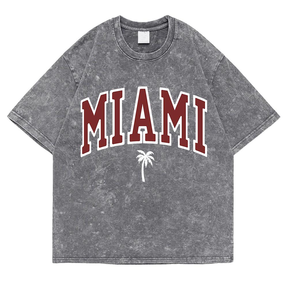 Miami Coast Kokospalmer Tvättade Retro Snögubbar T-shirts Bomull Oversized Kortärmad Lös T-shirt Andningsbara Toppar