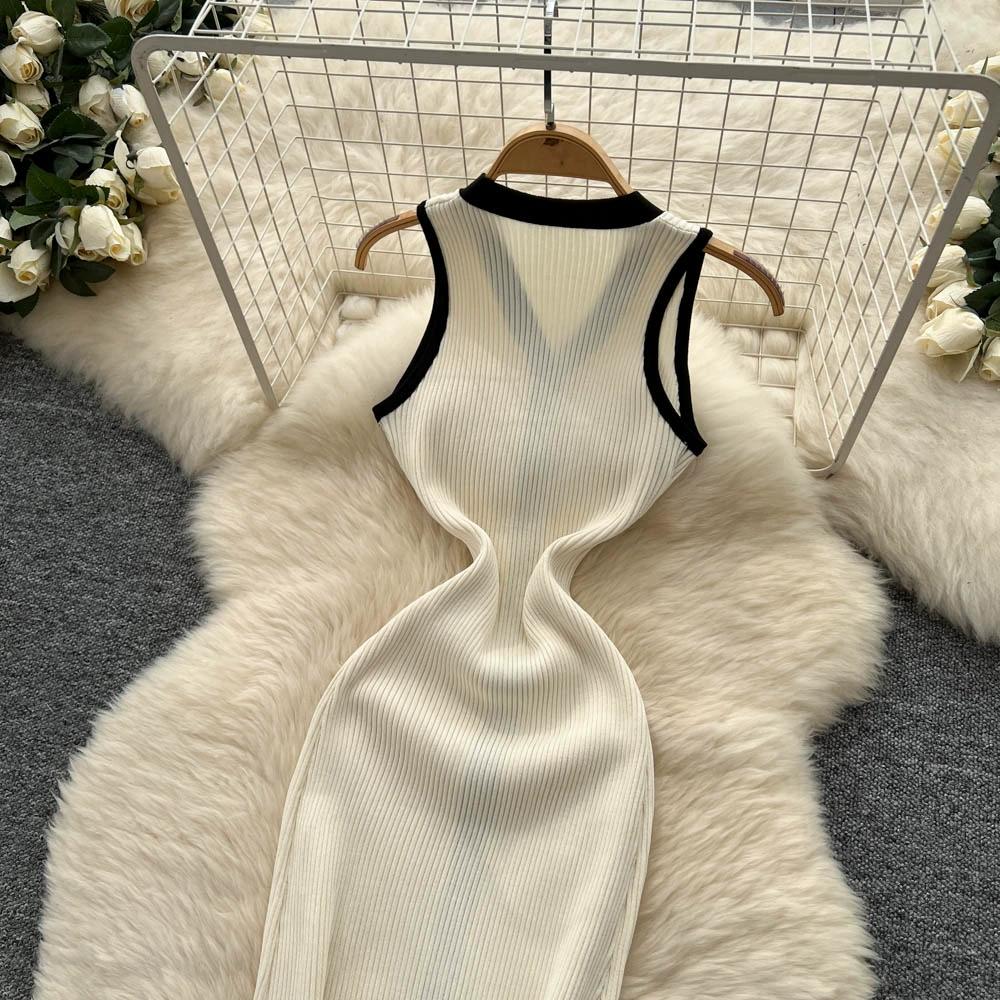 Summer Women Casual V-neck Sleeveless Single Breasted Knitted Sweater Long Midi Dresses