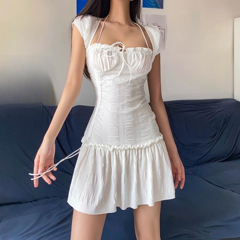 European and American Summer Women's Square Neck Hanging Neck Lace Up Pleated Slightly Transparent Design Dress