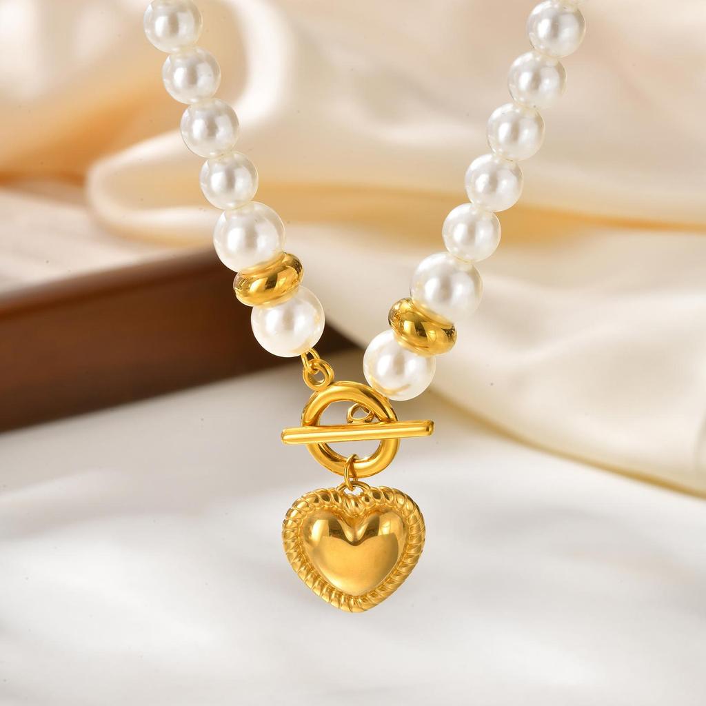 Stainless Steel Embossed Heart-Shaped Imitation Pearl Beaded Ot Buckle Necklace Plated With 18K Gold, Jewelry Nc-2136G