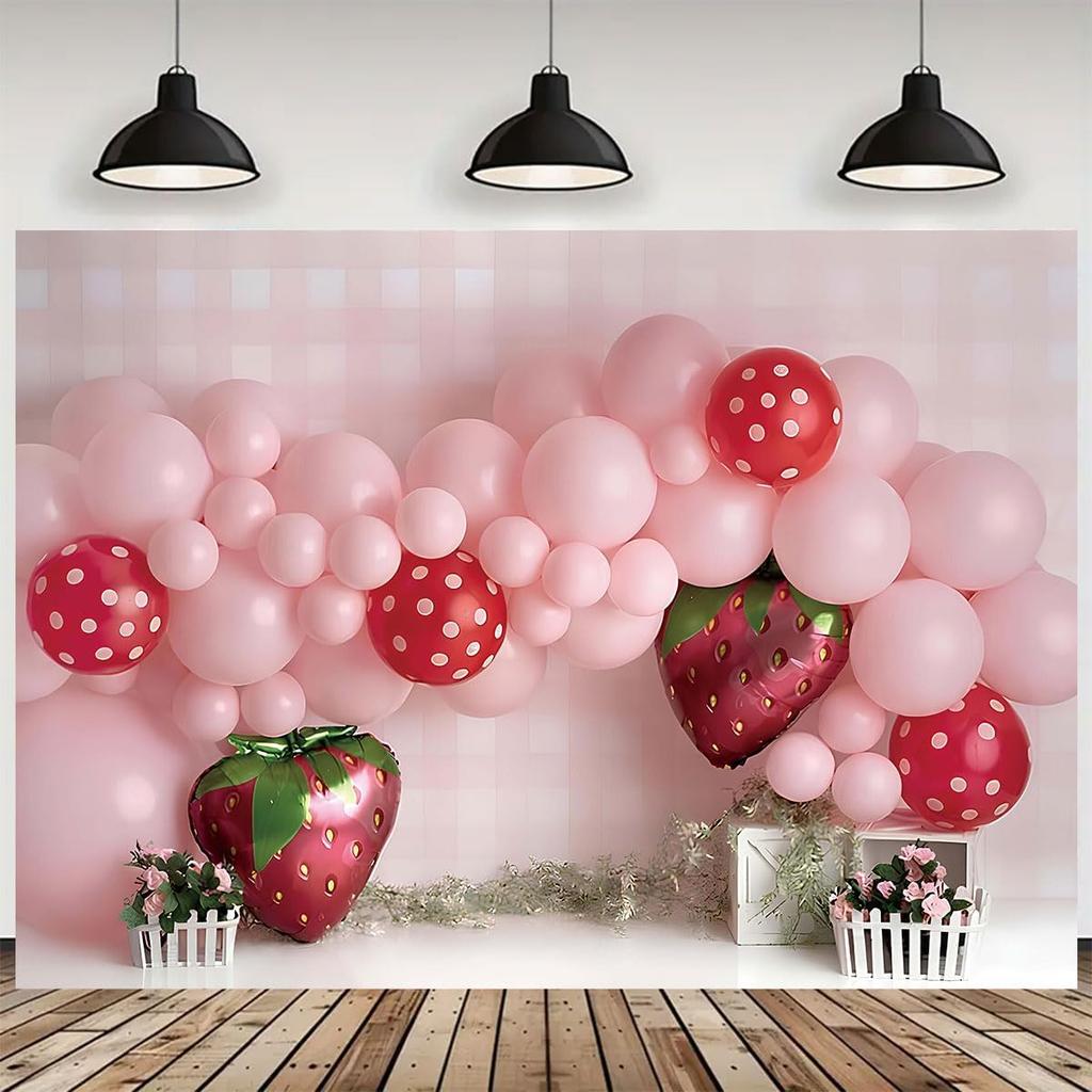 Pink Balloons Strawberry Photography Background Girls Birthday Party Decoration Sweet First Birthday Party Supplies Baby Shower Party Cake Smash
