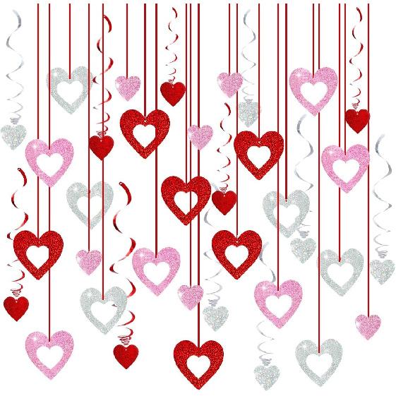 48 Pcs Valentine s Day Decorations Glitter Heart Hanging Swirls,Hanging Love Heart Swirls Wedding Party Supplies Decorations, Anniversary, Ceiling