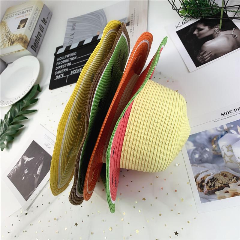 Parent-child Printed Fruit Straw Hat Children Adult Color Matching Sunscreen Beach Hats Outdoor Travel Foldable Fisherman Cap