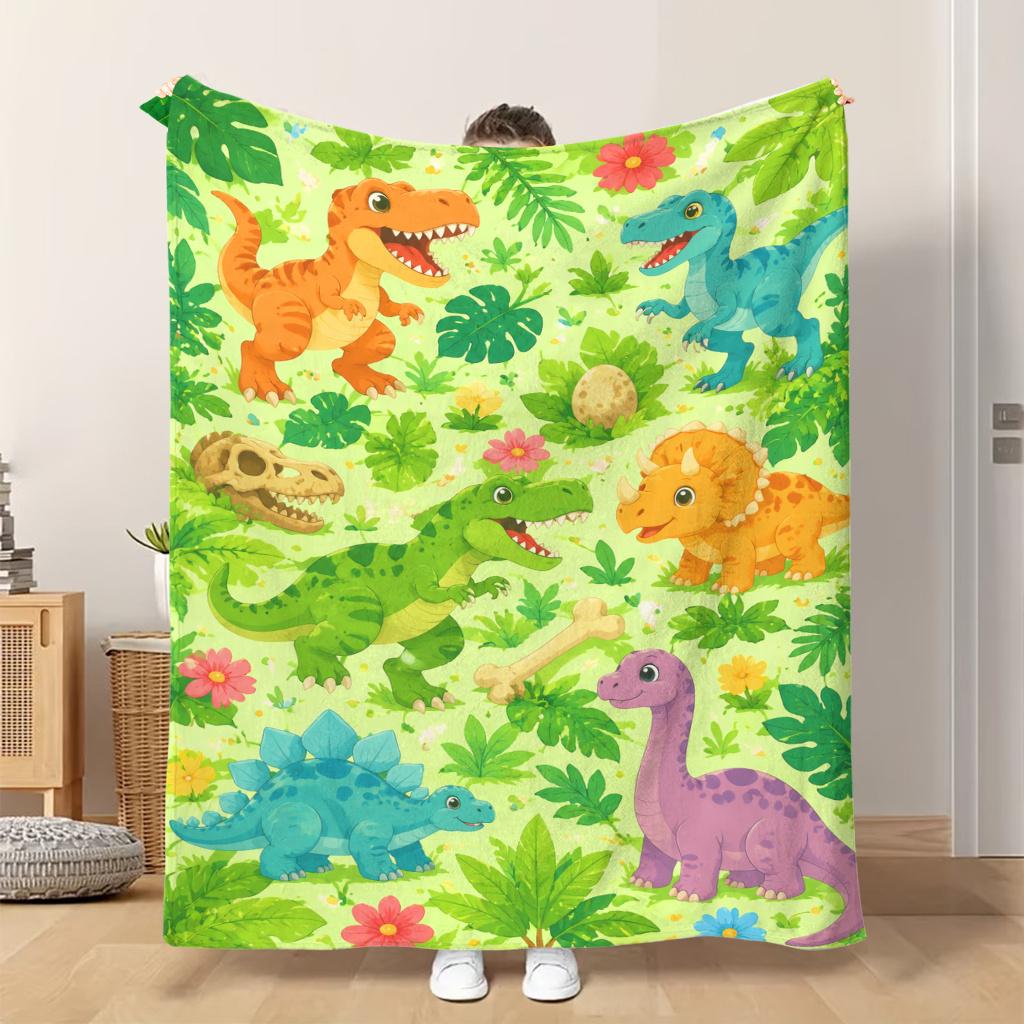 1pc Flannel Blanket Dinosaurs And Plants Design Lightweight Soft Comfortable And Warm Shawl/Nap Blanket/Sofa Blanket Suitable for