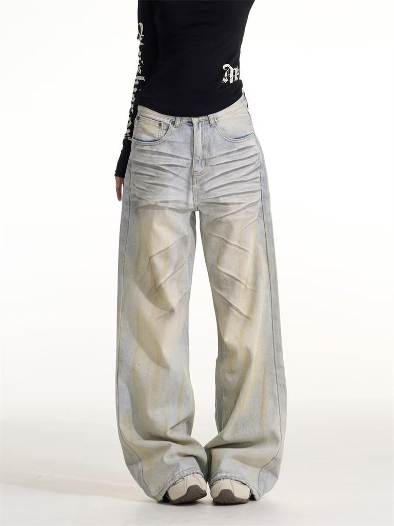 Men's Mid Rise Washed Cat Whisker Barrel Jeans Loose Wide Leg Denim Pants American Vintage High Street Y2K Casual Four Seasons Long Trousers