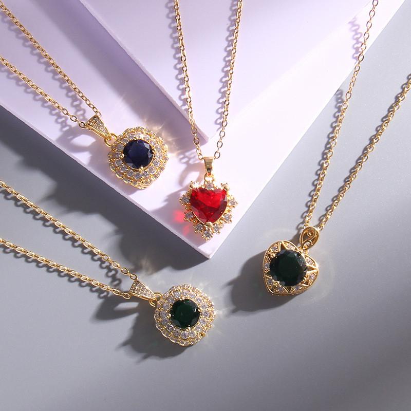 Vintage Green Purple Red Crystal Pendant Necklace Stainless Steel Geometric Choker Jewelry Party Gifts For Women Girls