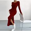 New Women Spring Autumn Casual Dress Solid Color Knitted Dress Sexy Slim Elegant Retro Dresses Long Sleeve Round Neck Side Slit Dress