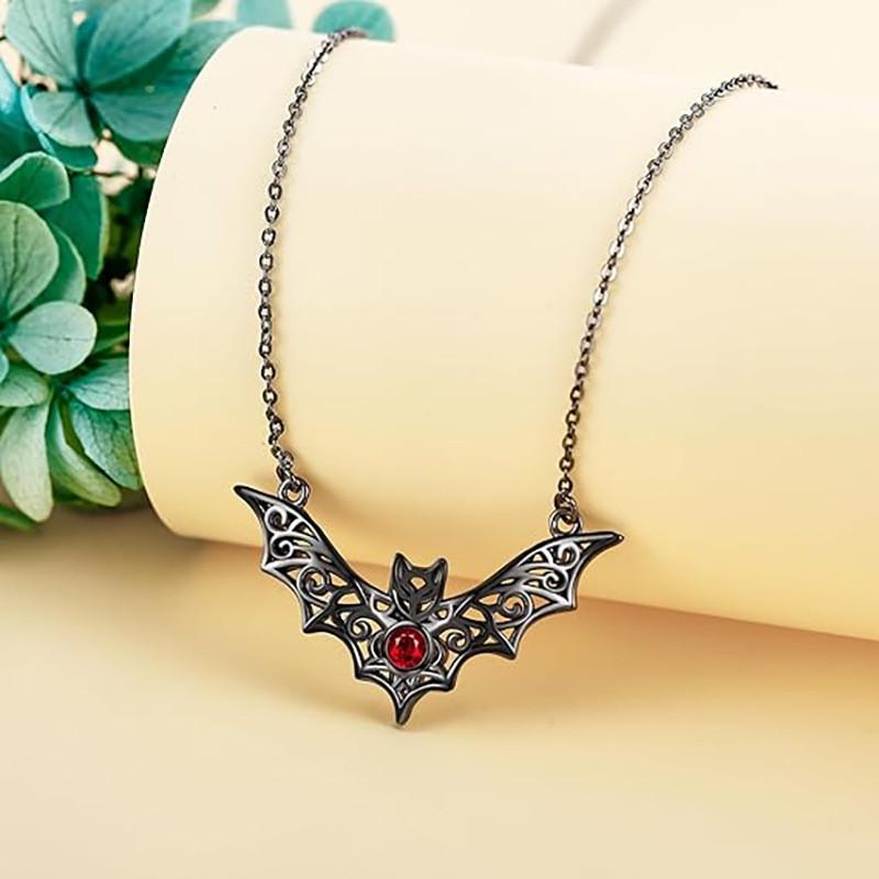 Vampire Inspired Hollow Bat Necklace With Faux Ruby Alloy Chain Halloween For