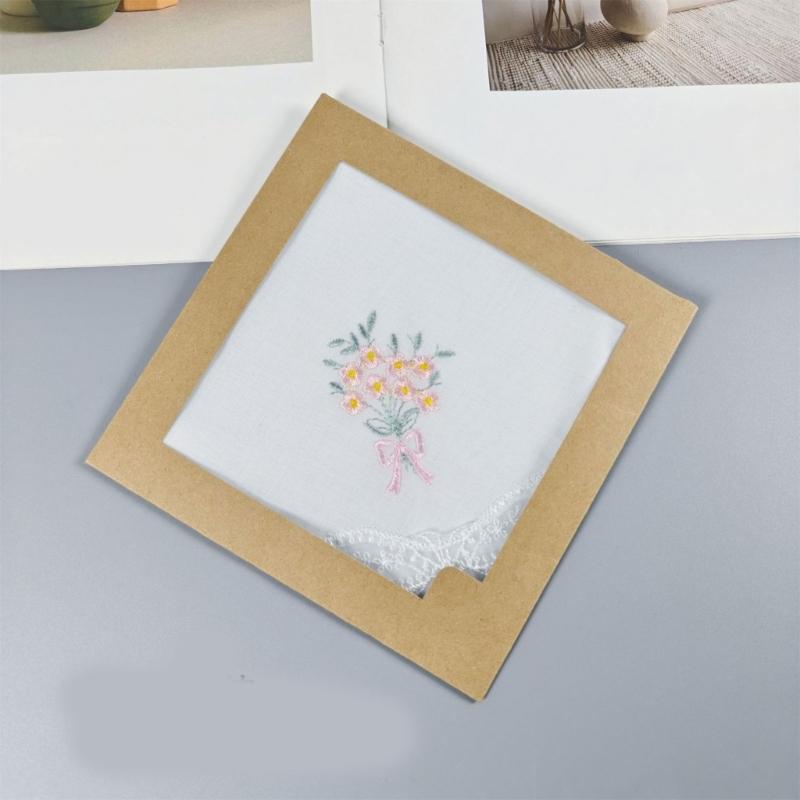 Multicolor Cotton Handkerchiefs Set for Women Embroidered Flower and Butterfly Lace Edge Portable Pocket Square Towel