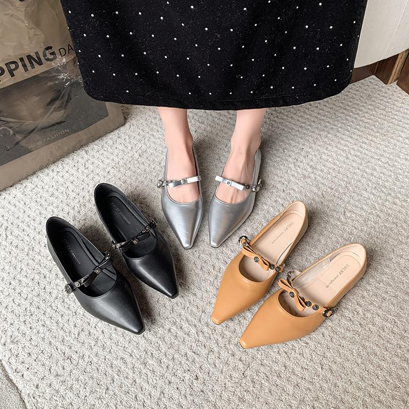 Leisure Pumps for Women Slip On Square Low Heels Pointed Toe Women Shoes Leather Square Buckle Mary Jane Shoes Woman Plus Size